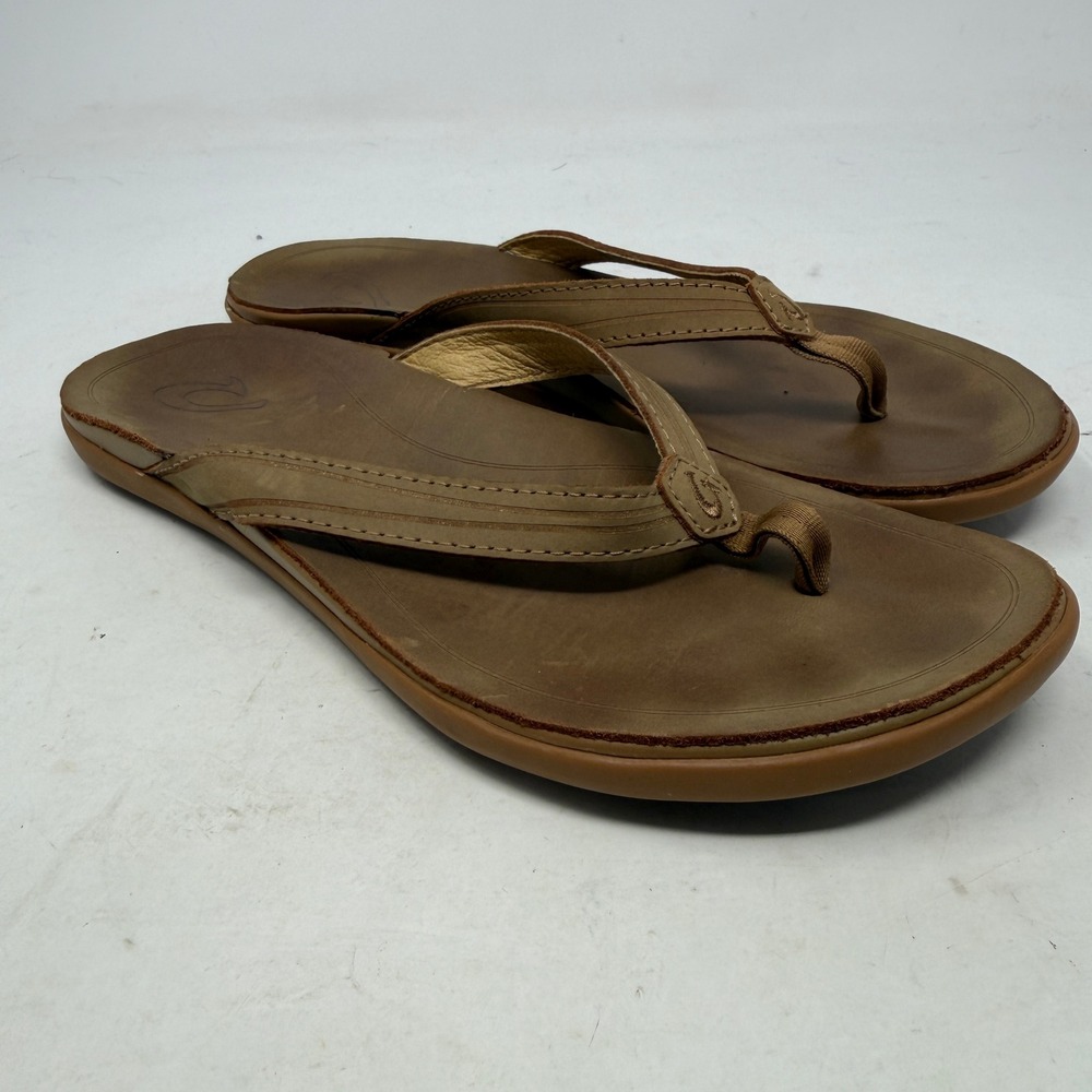 OluKai Flip Flop Womens 7 Aukai Brown Leather Thong Sandal EUC